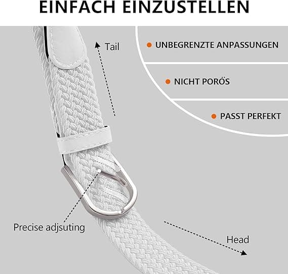 Herrbälte, elastiskt flätat bälte unisex män kvinnor flätat elastiskt stretch vävt bälte 33mm(1,25") vitt