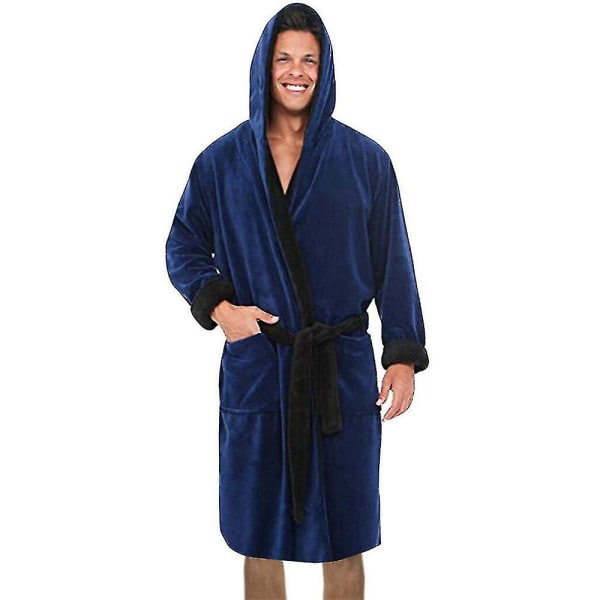 Men Hooded  Fleece Dressing Bathrobe CMK Navy Blue 2XL