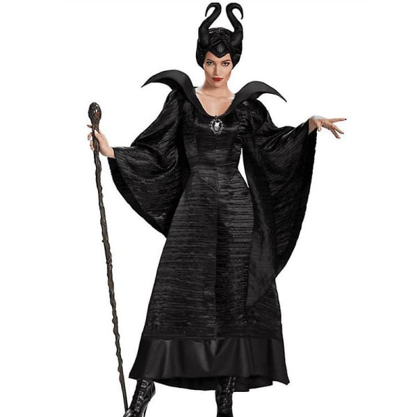 Halloween Maleficent Evil Queen-kjole Cosplay-kostyme for kvinner med hodeplagg A Black L