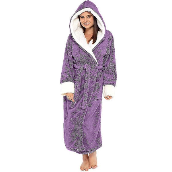 Fleece Bathrobe Women Soft Dressing Gown Hooded Fluffy Towling Bath Robe CMK Violet S