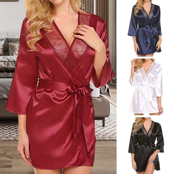 Solid Color Satin Cardigan Lace Up Tight Waist Women Nightdress CMK