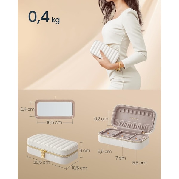 Smykkeetui til Rejser, Lille Smykkeorganisator med Spejl, 10,5 x 20,5 x 6 cm, PU-overflade med Syninger, Portabel, Lynlåse, Gave