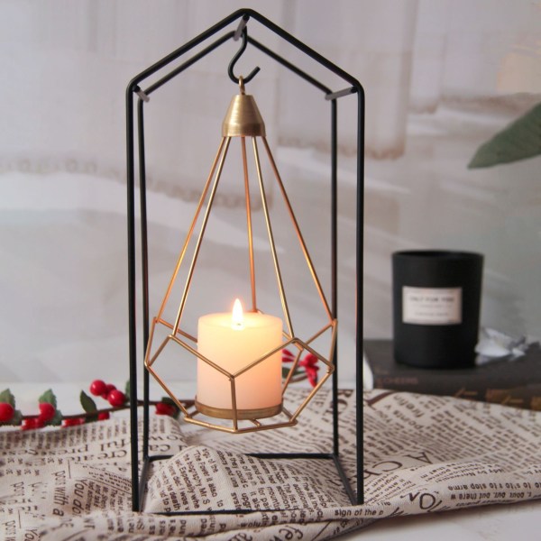 【Mingbao butik】Rauta-riippuva kynttilänjalka, riippuva geometrinen kynttilänjalka mustalla rautatelineellä, ylellinen romanttinen kynttilänjalka