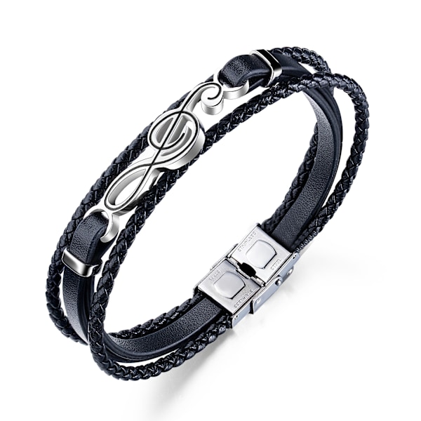 Herre Lær Mansjett Armbånd Svart Brun Flerlags Flettet Tau Gitar Diskantnøkkel Musikk Note Smykker Armbånd Justerbar