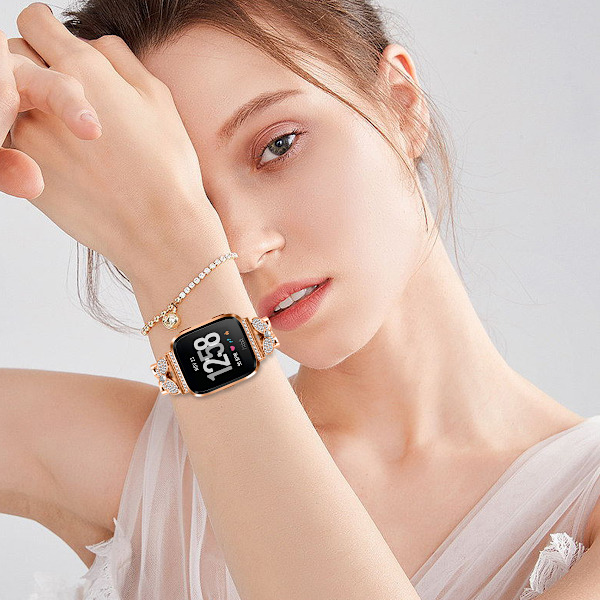 Rosegull Dobbel Sommerfugl-lås Diamant Innlagt Klokkerem for Fitbit Versa
