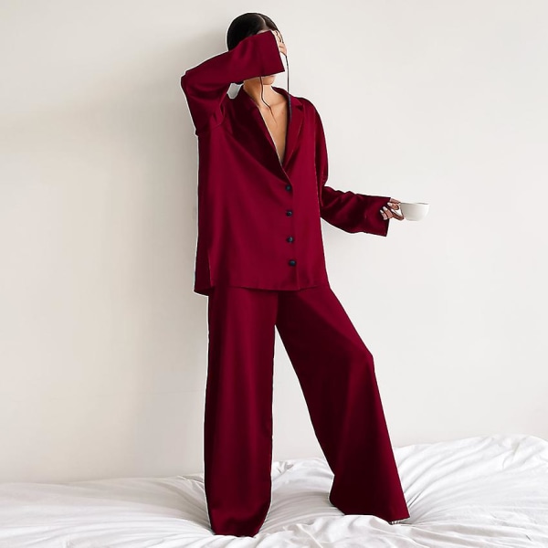 Oversized Satin Silk Sleepwear Low Cut Sexy Pajamas For Women Single-breasted Long Sleeves Wide Leg Pants Trouser Suits CMK Red XL