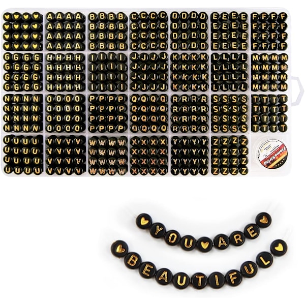 Perler, bokstavsperler, alfabetperler i 28-ruters boks (4 x 7 mm (runde perler, 1 mm hull), gullbokstaver og svart base) Gold Letters & Black Base