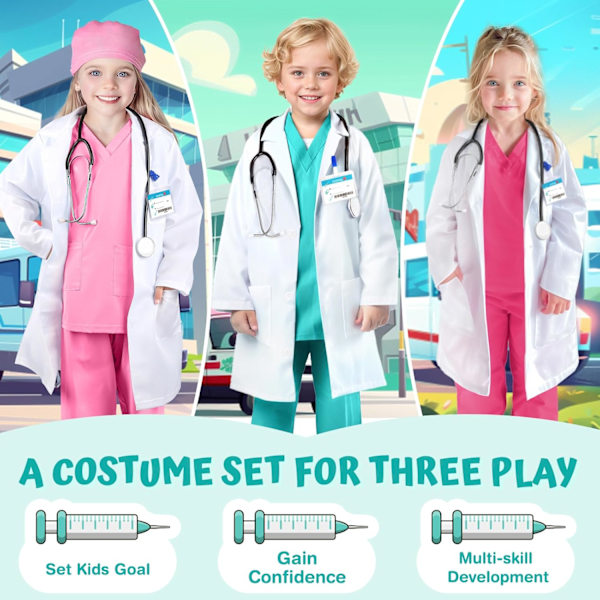 Lægeudklædning til børn - Scrubs, Stetoskop, Kitel - Halloweenkostume, Erhvervsdagskostume til piger 3-12 år 9-11 Years 9-11 Years Green
