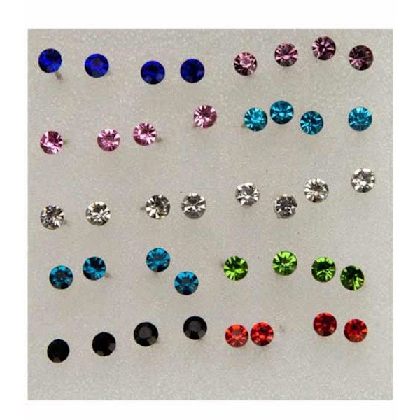 Æske med 20 par Stud Øreringe med Rhinestones i Forskellige Farver 3 mm Silver Silver