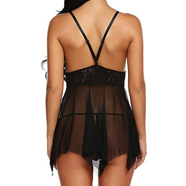 Kvinder sexet lingeri blonde mesh V Kjole strop Mini stram kjole sort black XL