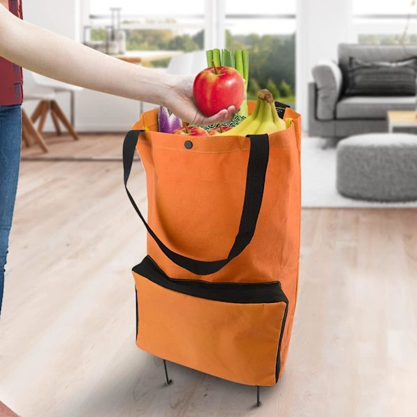 Kokoontaitettava ostoskärry, kokoontaitettava laukku kumipyörillä, kokoontaitettava kärry Oxford-kangaskassi uudelleenkäytettävä supermarketiin, kapasiteetti pyörillä Orange