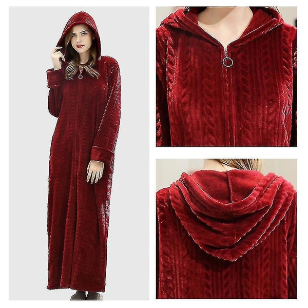 Ladies Hooded Dressing Gown Bath Robe Warm Soft Womens Fleece Zip Up Long Robes CMK red M