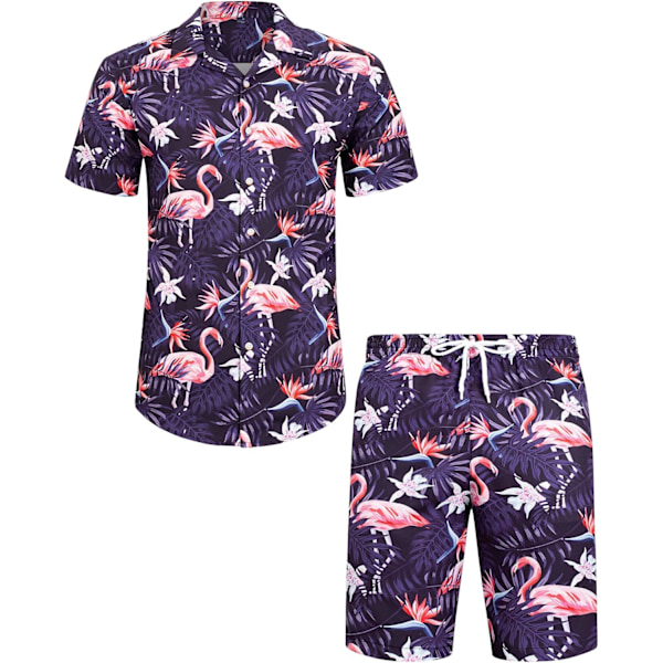 Herre Hawaiiskjorte og shorts sett Regular Fit kortarmet casual funky strand flamingo skjorte sett 3X 3XL Purple Flamingo Leaf