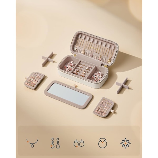 Smykkeetui til Rejser, Lille Smykkeorganisator med Spejl, 10,5 x 20,5 x 6 cm, PU-overflade med Syninger, Portabel, Lynlåse, Gave