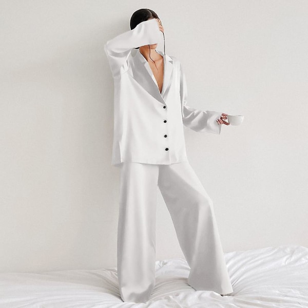 Oversized Satin Silk Sleepwear Low Cut Sexy Pajamas For Women Single-breasted Long Sleeves Wide Leg Pants Trouser Suits CMK White XL