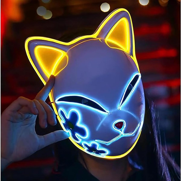 SINSEN Demon Slayer Fox Mask LED Cosplay Cat Mask Japansk Anime Halloween kostyme rekvisitter for barn Voksne V Yellow