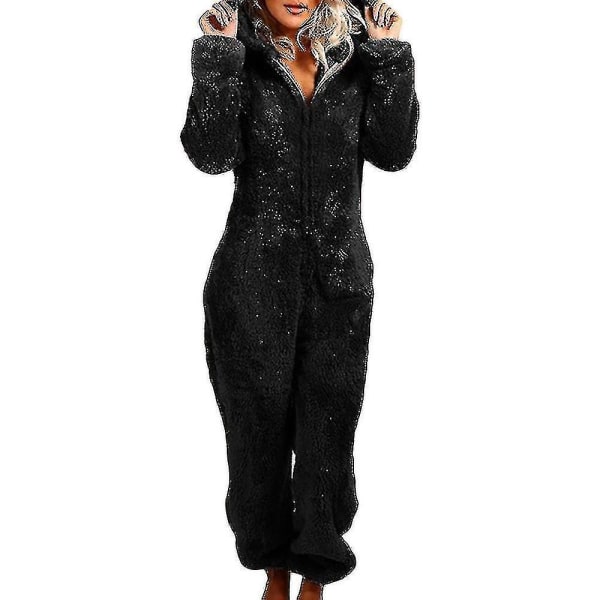 Women Winter Fluffy Fleece Hooded All In One Jumpsuit CMK Black XXXS