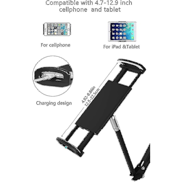 Nettbrettholder for seng, justerbar og sammenleggbar med 360 graders rotasjon for iPhone, iPad, mobiltelefon, nettbrett