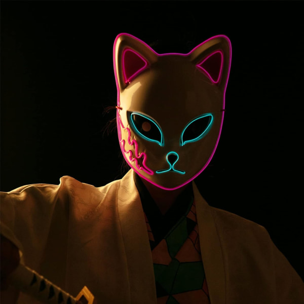SINSEN Demon Slayer Fox Mask LED Cosplay Cat Mask Japansk anime Halloween kostym rekvisita för barn Vuxna V Pink