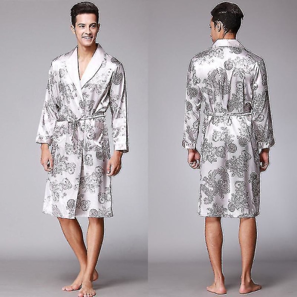 Nightgown Silk Silk Pyjamas Men's Long Sleeved Nightgown Bathrobe Home Wear CMK gray XXXL