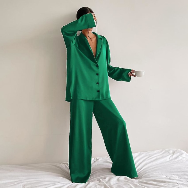 Oversized Satin Silk Sleepwear Low Cut Sexy Pajamas For Women Single-breasted Long Sleeves Wide Leg Pants Trouser Suits CMK Green S