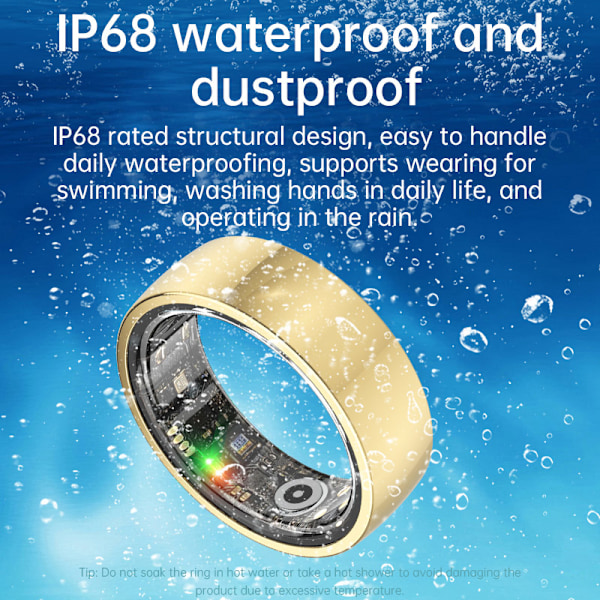 Smart Ring R1000 – Søvnmonitor, Bluetooth 5.0, Blodoksygenmåler Gull Guld 12