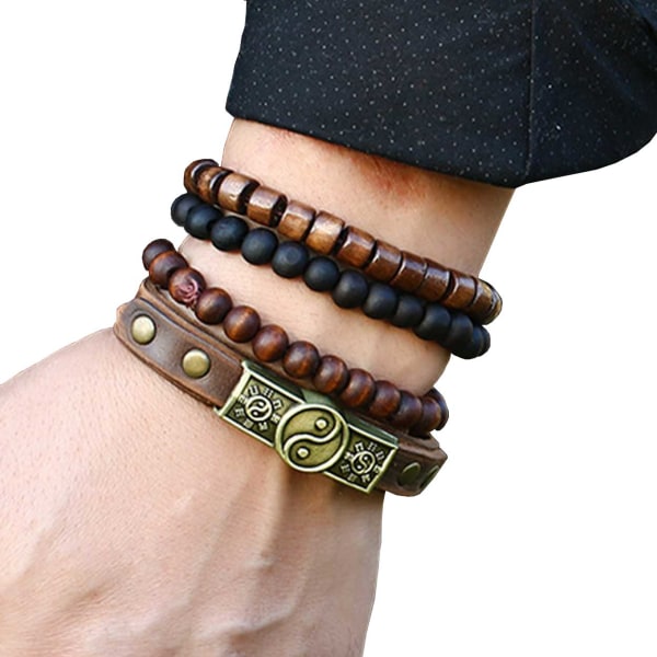 4-pack Handgjorda Läderarmband Herrarmband Träkulor Sten brun brown