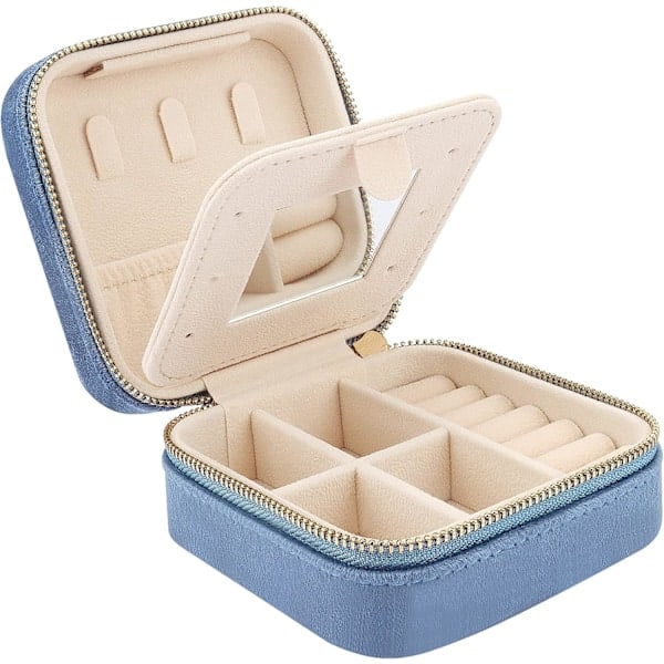 Mini Smykkeskrin i Velour til Rejser med Spejl, Smykkeskrin Organizer til Rejser, Smykkeopbevaringsboks til Ringe Øreringe Halskæder Armbånd Sort Blue