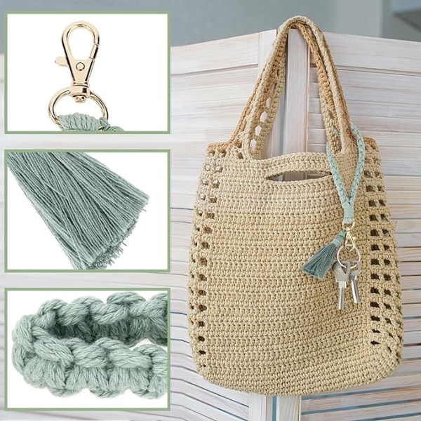 【Mingbao butik】Lusofie Macrame Nøkkelring Boho Flettet Nøkkelring Kort Nøkkelring Dusk Anheng Bil Nøkkelring for kvinner Green