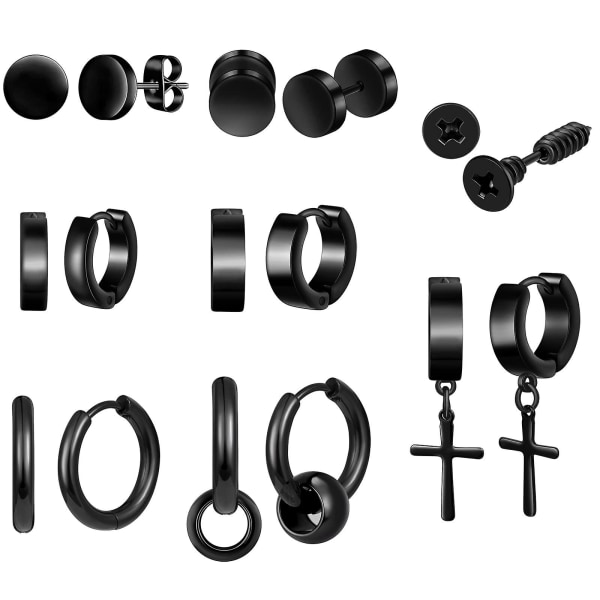 8 Pairs Stainless Steel Huggie Hoop Mens Stud Earrings Set