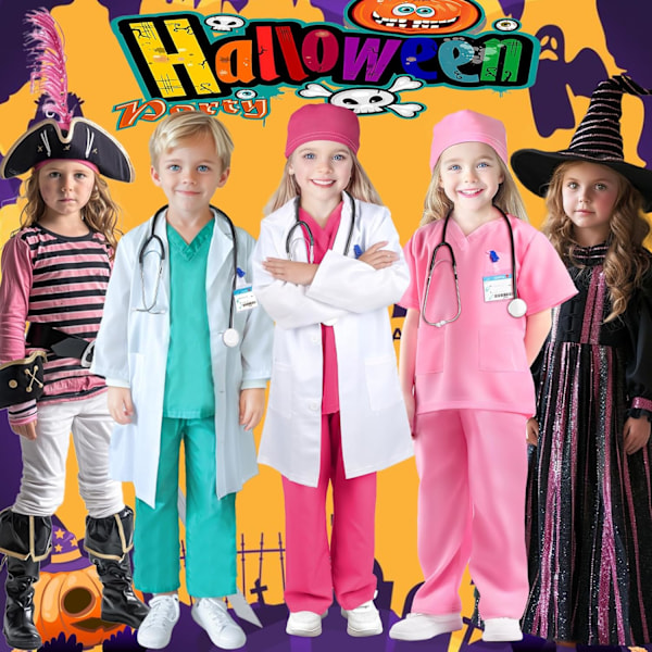 Lægeudklædning til børn - Scrubs, Stetoskop, Kitel - Halloweenkostume, Erhvervsdags kostume til piger 3-12 år 5-6 T 5-6 T Rose