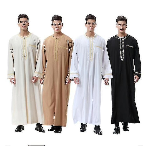 Men Mu  Saudi Robe Kaftan Dubai Tunic Long Top Blouse Thobe Clothes CMK beige M