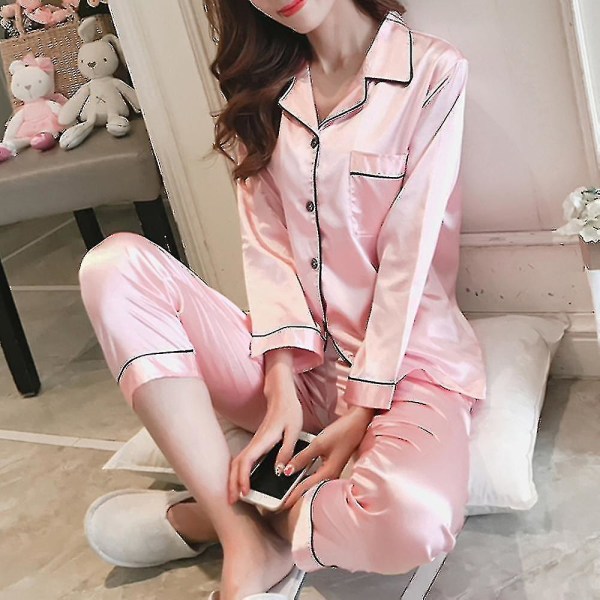 Women Satin Silk Look Sleepwear Pyjamas Long Sleeve Nightwear Set CMK 2XL Pink