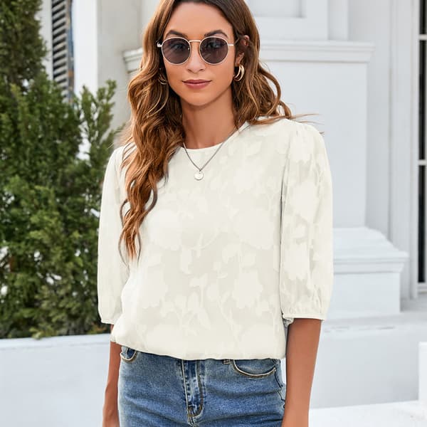Bluser med blonderm og chiffon i blomstermønster (hvid) XL