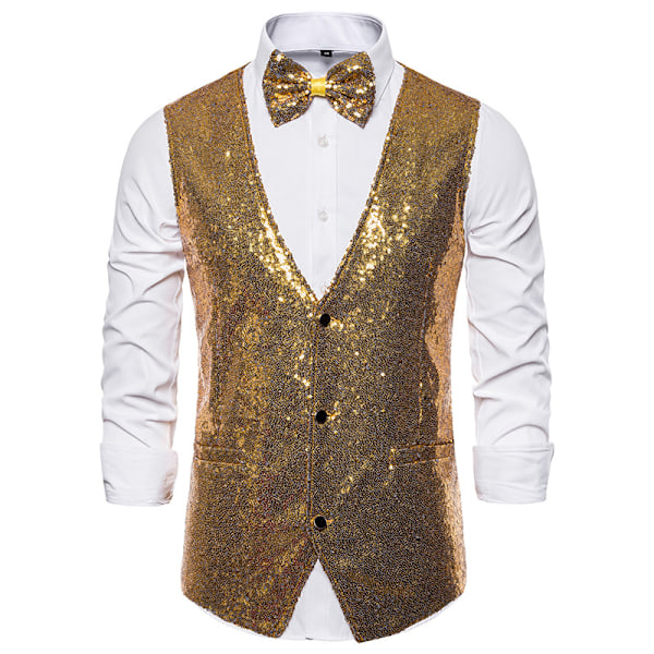 Herre Glitrende Pailletvest V-hals Regular Fit Festtøj Jakkesæt Vest Butterfly 2 Dele guld gold M