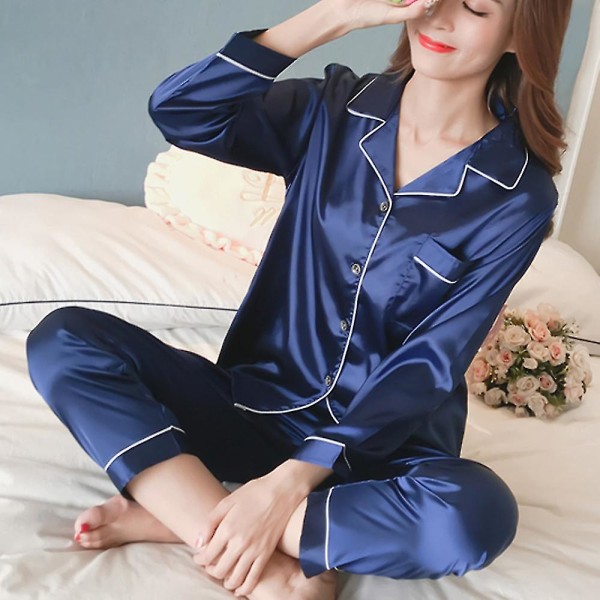 Hmwy-women Satin Silk Look Sleepwear Pyjamas Long Sleeve Nightwear Set CMK Blue XL