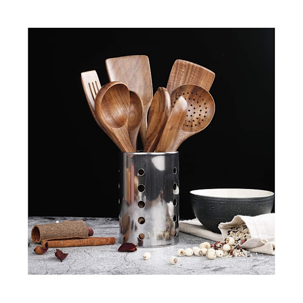 Tresleiv for matlaging, Non-stick kjøkkenredskapssett, Tresleiv for matlaging, Ikke-ripende naturlige teaktreredskaper for matlaging (Teak 8