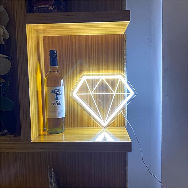 Diamantformad neonskylt Led modellljus Lysande bokstäver skylt Akrylpanel Neon dekorativt ljus, 26X24cm, lila hotell (färg: vit)