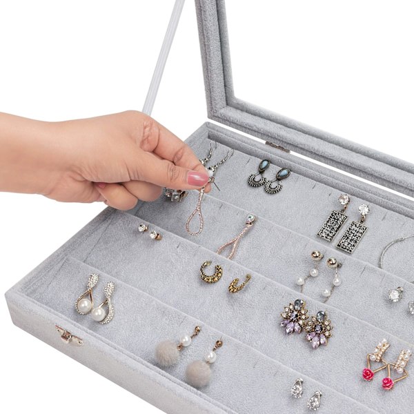 Øreringeorganiseringsbakke Display Grå Velour med 50 Rum og Låg - 4-lags Smykkeorganiser Øreringe Display med Klart Glaslåg Stud Øreringe