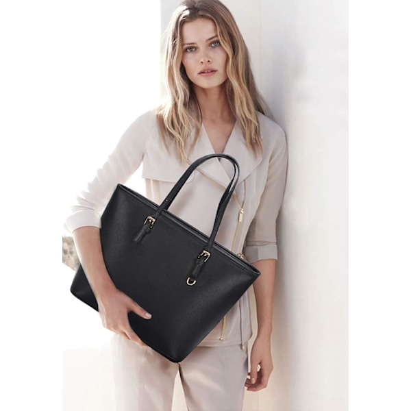 Håndvesker for kvinner, svart veske, stor håndveske, dame skulderveske, elegant håndveske, veske med justerbar glidelås shoppingrom (svart)