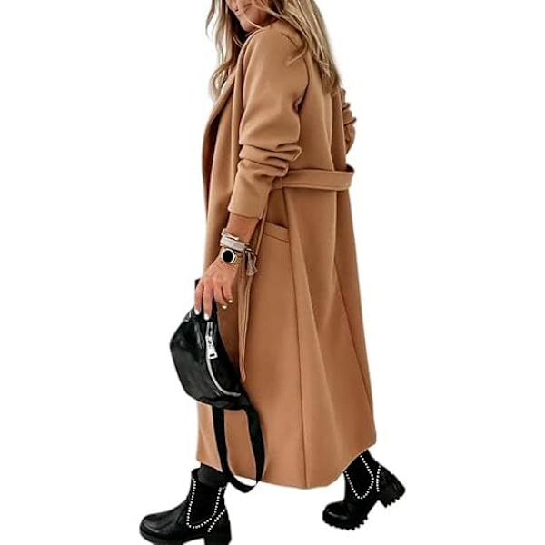 Damefrakke med reverskrave, åben front, bælte og lang jakke khaki khaki M