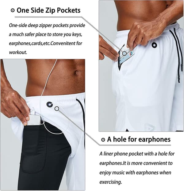2 i 1 löparshorts med telefonficka Gym Workout Snabbtorka herrshorts 5 tum White White Medium