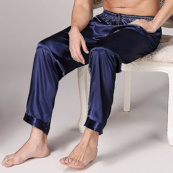 Men Satin Long Pyjamas Bottoms Pajamas Pants Sleepwear Trousers CMK Blue 3XL