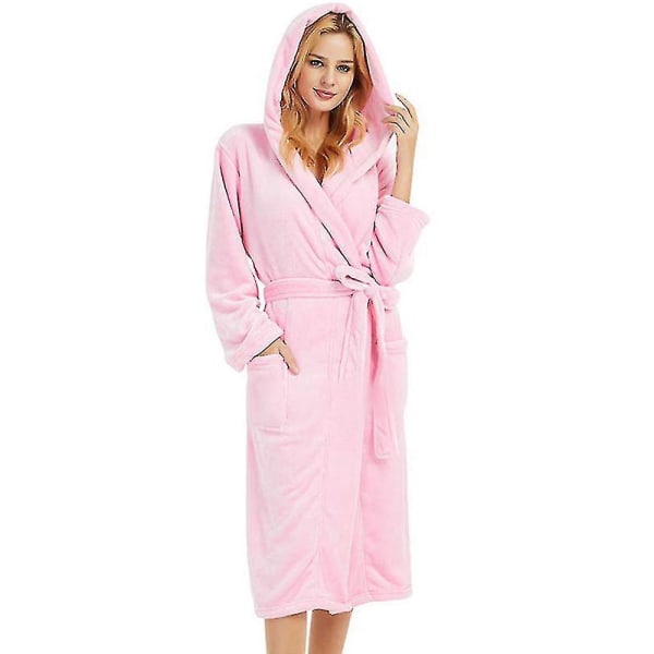 Women Ing Gown Hooded Fleece Lined Fluffy Bathrobe CMK Pink S