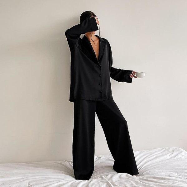 Oversized Satin Silk Sleepwear Low Cut Sexy Pajamas For Women Single-breasted Long Sleeves Wide Leg Pants Trouser Suits CMK Black L