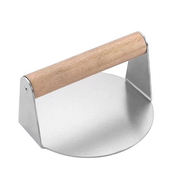 Burgerpresse i rustfrit stål Smash Burgerpresse med håndtag til flad topgrill Madlavningsgrill Rund kødpresse med træhåndtag Round meat press with wooden handle [14cm] 1.5 thick