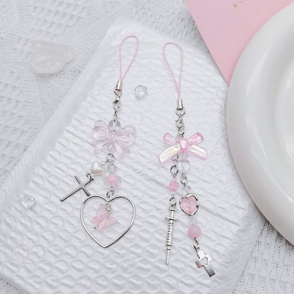 【Mingbao butik】 Sweet Cute Bow Heart Telefonkjedebånd for jenter Y2k rosa mobiltelefonstropper A1