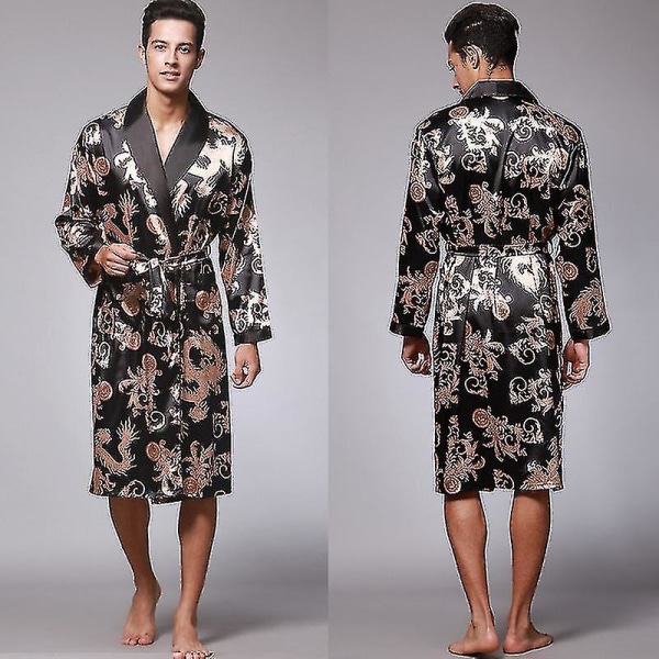 Nightgown Silk Silk Pyjamas Men's Long Sleeved Nightgown Bathrobe Home Wear CMK black XXL