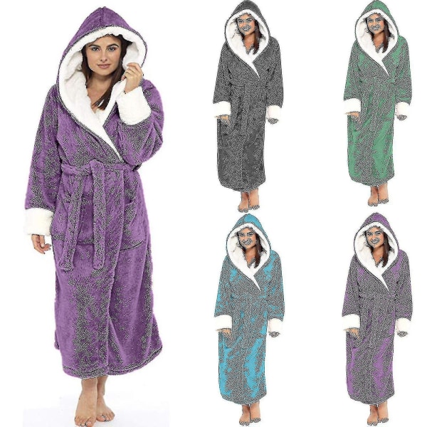 Fleece Bathrobe Women Soft Dressing Gown Hooded Fluffy Towling Bath Robe CMK Violet S