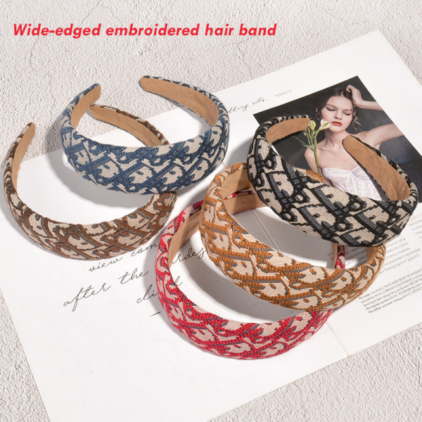 Bred broderad vintage hårband för kvinnor hårband Girls Hai Brown